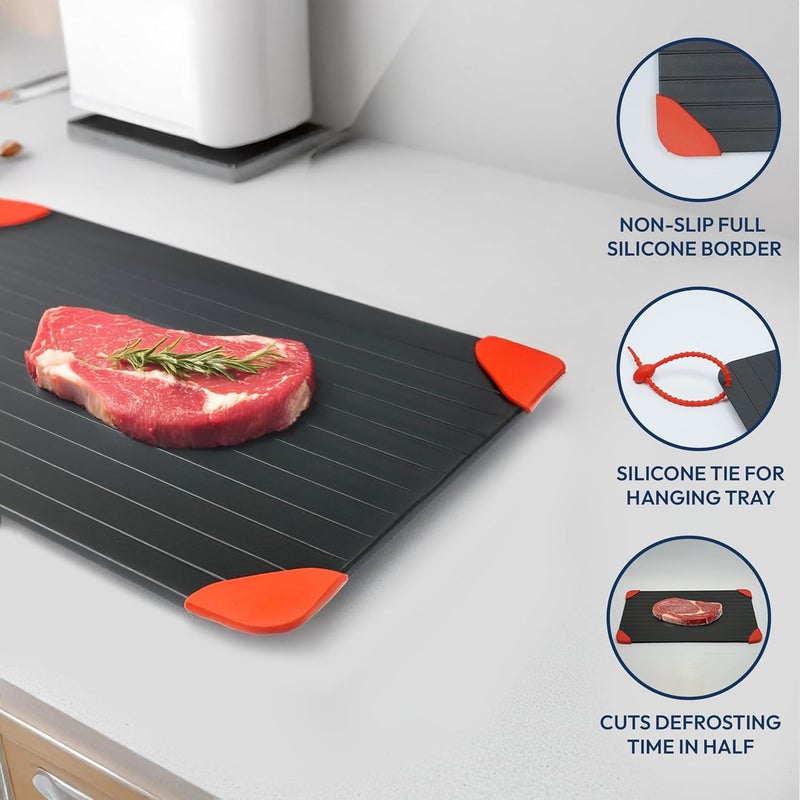 ELOA360 Defrosting Tray, Rapid Thawing Tray for Frozen Meat, thaw Plate, Defroster Board Aluminium Plate with Silicone Cleaner, Hanging Tie, Stainless Steel, Tongs and Oil Brush 33.5x22.5 - Image 3