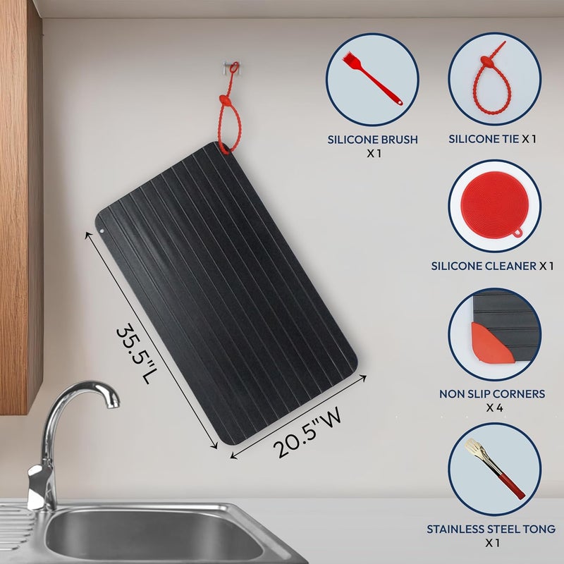ELOA360 Defrosting Tray, Rapid Thawing Tray for Frozen Meat, thaw Plate, Defroster Board Aluminium Plate with Silicone Cleaner, Hanging Tie, Stainless Steel, Tongs and Oil Brush 33.5x22.5 - Image 2