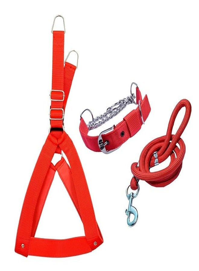 ADB CREATIONS Export Quality Stainless Steel Nylon Dog Choke Collar with Adjustable Buckle Dog Harness and Durable Training Rope Leash Combo | Red XS - Image 1