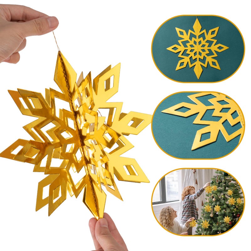 Crafare 3D Snowflake Decorations 18 Pack 3 Size Gold Color Paper Snowflake Hanging Garland with string for Christmas Tree Winter Holiday Party - Image 2