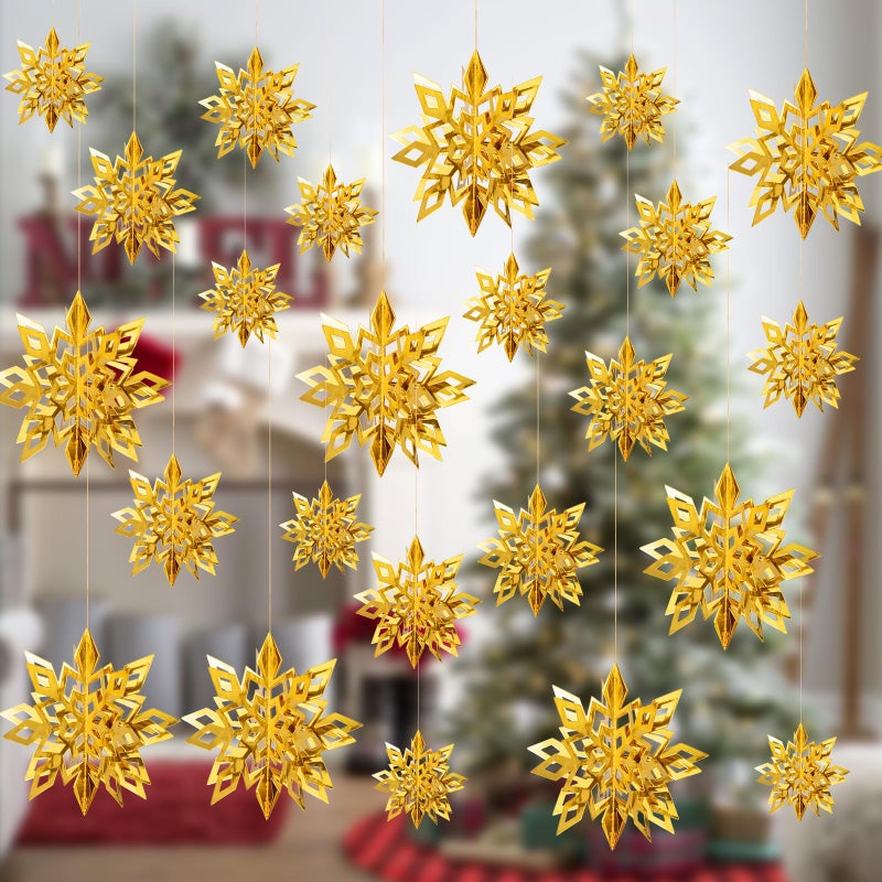 Crafare 3D Snowflake Decorations 18 Pack 3 Size Gold Color Paper Snowflake Hanging Garland with string for Christmas Tree Winter Holiday Party - Image 1