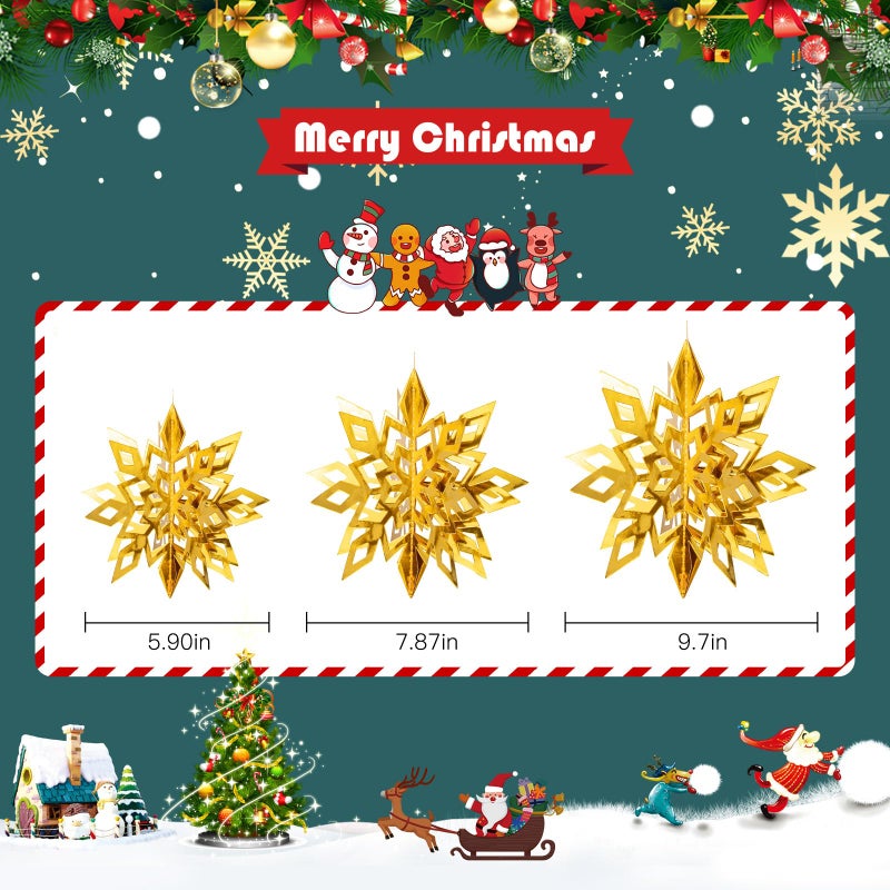 Crafare 3D Snowflake Decorations 18 Pack 3 Size Gold Color Paper Snowflake Hanging Garland with string for Christmas Tree Winter Holiday Party - Image 3
