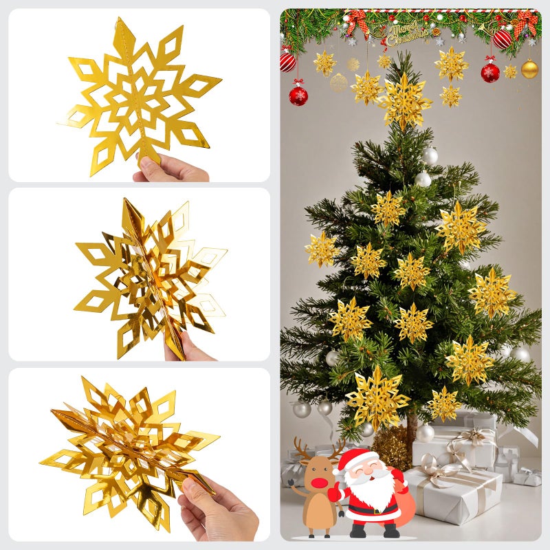 Crafare 3D Snowflake Decorations 18 Pack 3 Size Gold Color Paper Snowflake Hanging Garland with string for Christmas Tree Winter Holiday Party - Image 4
