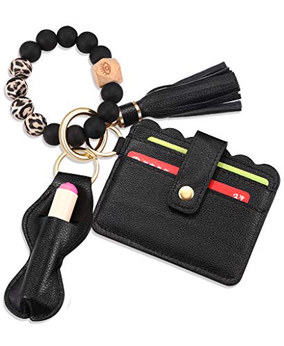 BVGA Wristlet Keychain Bracelet with Wallet，Silicone Bead keyring Bracelet Bangle Car Key Ring Holder Tassel Keyring for Women - Image 1