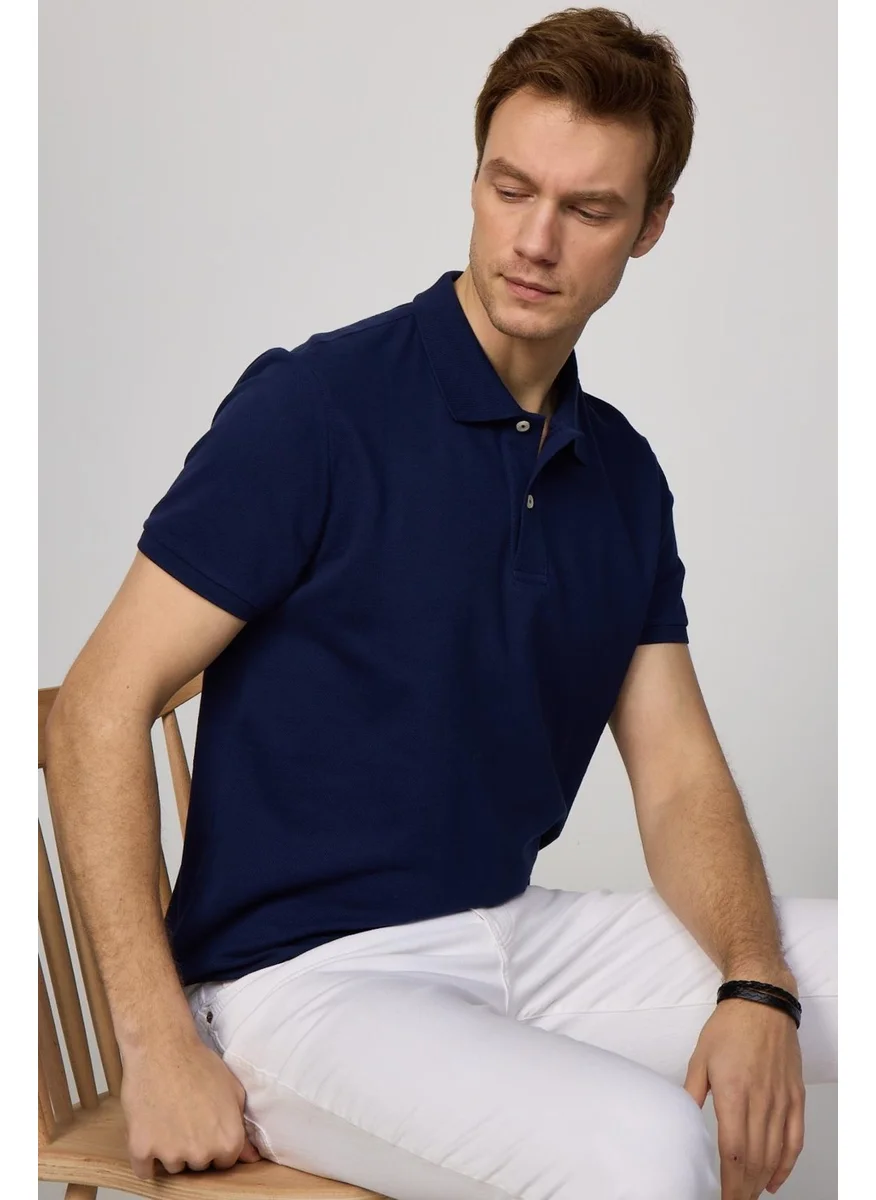 Tudors Men's Slim Fit Narrow Cut Cotton Plain Pique Navy Blue Polo Collar T-Shirt