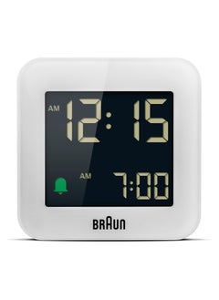 Braun Digital Travel Alarm Clock with Snooze, Compact Size, Negative LCD Display, Quick Set,Crescendo Beep Alarm in White, model BC08W.