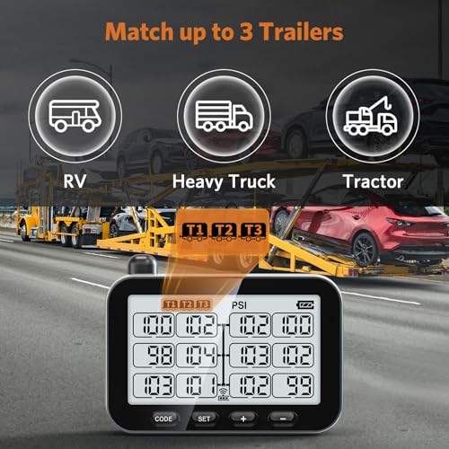 GUTA Trailer Tire Pressure Monitoring System, RV TPMS with 12 Sensors, 6 Alert Modes, Signal Booster, Power Saving Display, Long Sensing Distance, for 3 Trailers (T1/T2/T3), for Camper, Motor Homes - Image 2