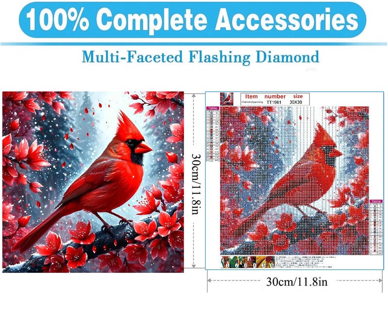 MOMDEDP Cardinal Diamond Painting Kits for Adults, Christmas Winter Red Birds Flowers 5D DIY Diamond Art Kits for Beginners Round Full Drill Diamond Painting for Home Wall Decoration Gift 12Ã—12inch - Image 2