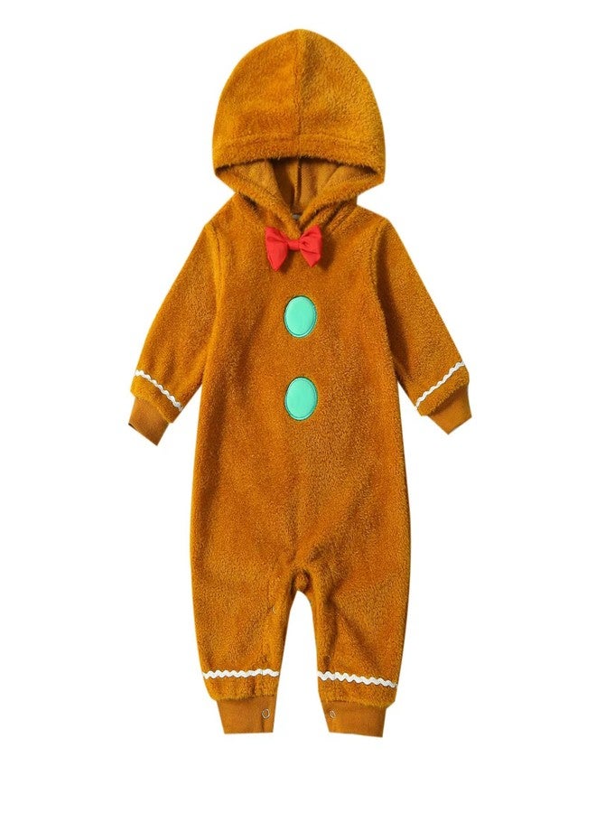 RWYBEIW RWYBEYW Infant Baby Boy Girl Christmas Gingerbread Man Costume Long Sleeve Fleece Jumpsuit Hooded Romper Fall Clothes (Brown, 0-6 Months) - Image 1