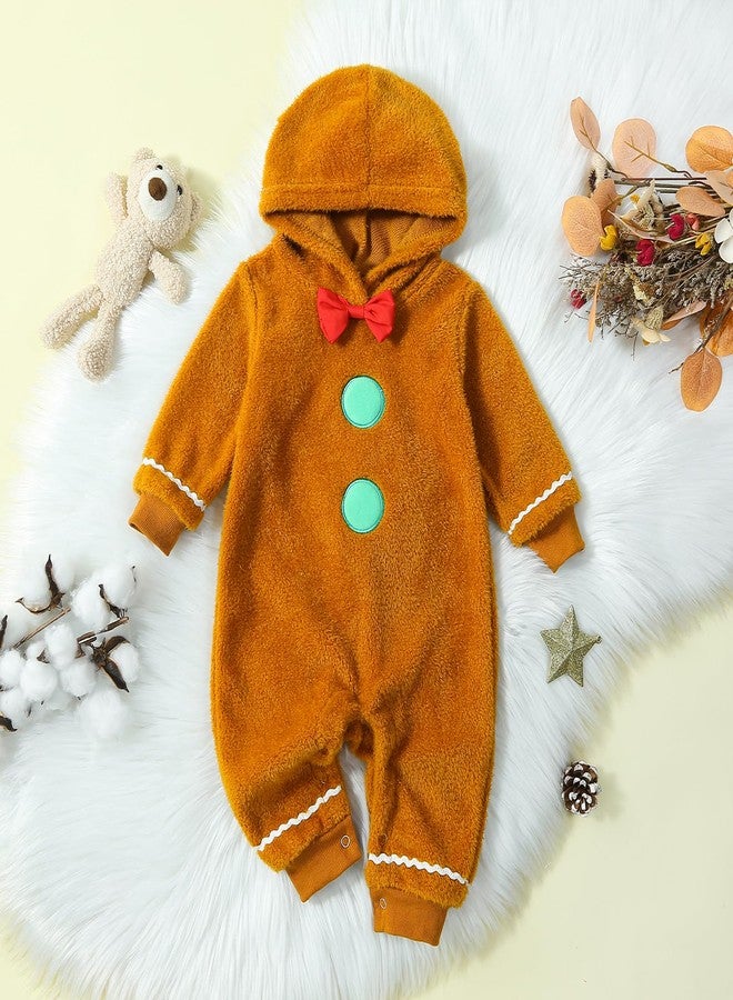 RWYBEIW RWYBEYW Infant Baby Boy Girl Christmas Gingerbread Man Costume Long Sleeve Fleece Jumpsuit Hooded Romper Fall Clothes (Brown, 0-6 Months) - Image 2