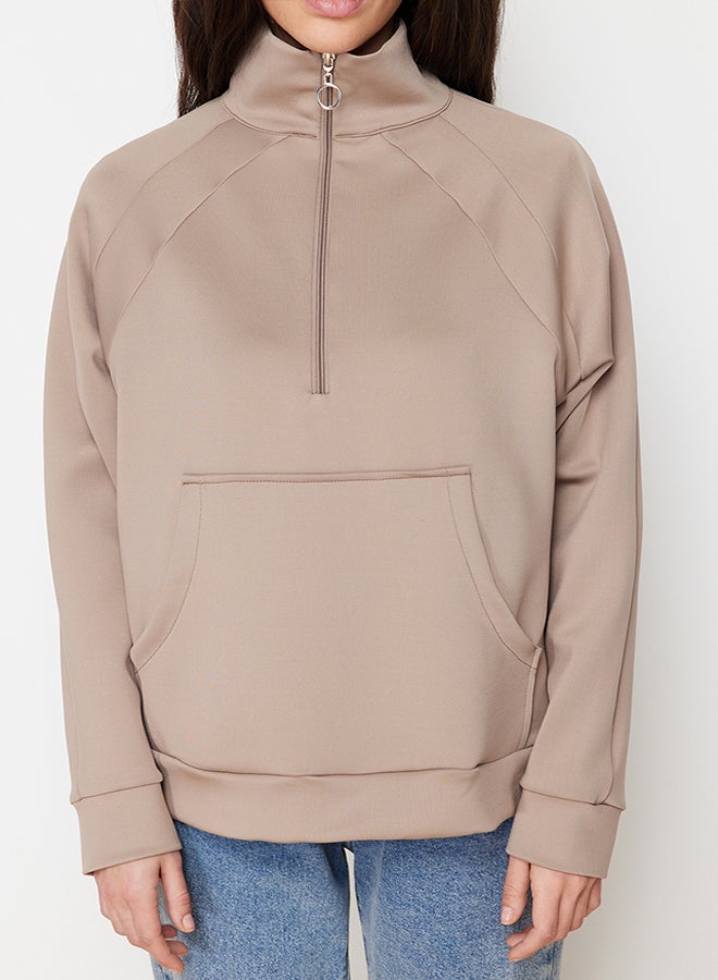 trendyol Mink Kangaroo Pocket Zipper Detail Scuba Knitted Sweatshirt TCTSS24TW00001 - Image 4