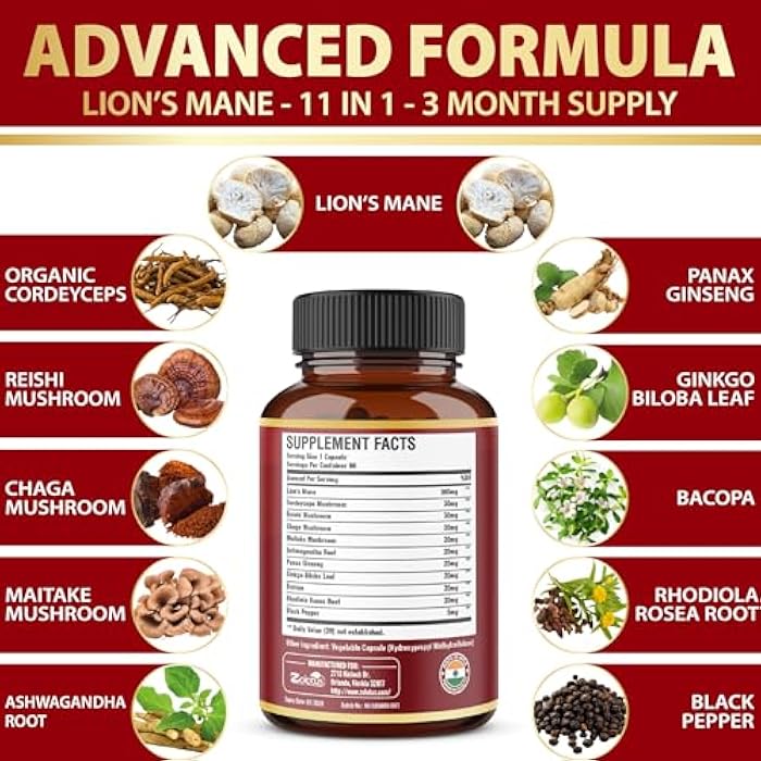 Zolotus 11 in 1 Lions Mane Mushroom Capsules, 3 Month Supply with Cordeyceps, Reishi, Ashwagandha, Panax Ginseng - 90 Capsules - Image 4