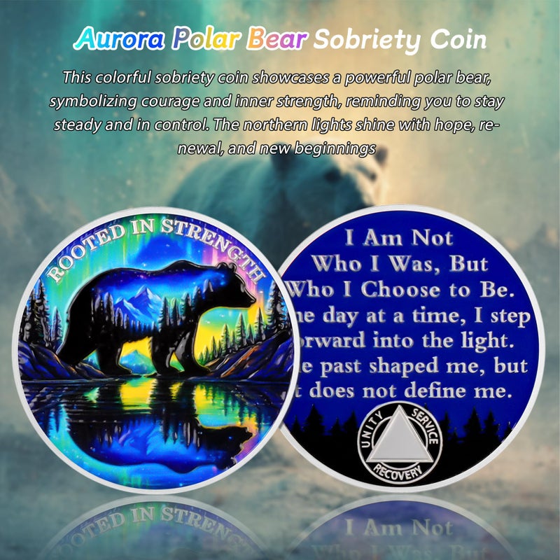 IELCJJ Aurora Polar Bear Sobriety Coin - Rooted in Strength Mountain AA Coins - Addiction Recovery NA AA Chips and Medallions - 1-10 Prime Living Clean Narcotics Alcoholics Anonymous Gifts for Men Women - Image 2