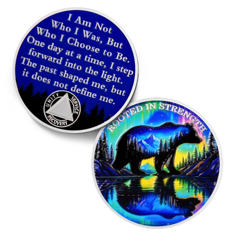 IELCJJ Aurora Polar Bear Sobriety Coin - Rooted in Strength Mountain AA Coins - Addiction Recovery NA AA Chips and Medallions - 1-10 Prime Living Clean Narcotics Alcoholics Anonymous Gifts for Men Women - Image 1