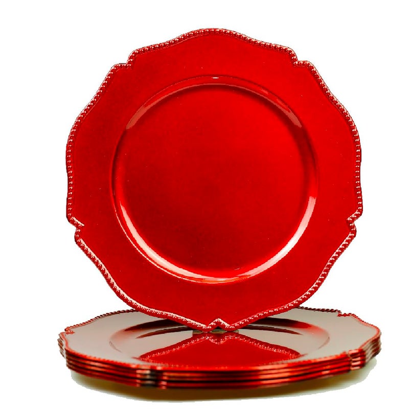 Umisriro Hot Red scalloped charger plates with beaded rim13 inch plastic dinner chargers for wedding and party table settings Glossy Finish set of 6