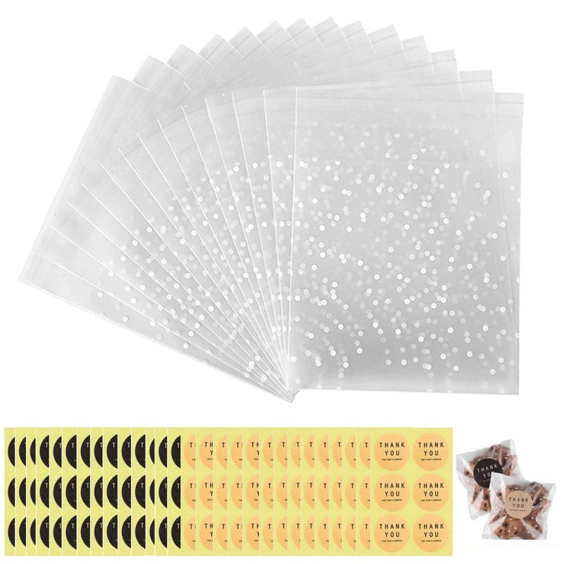 400Pcs 4 inch Cookie Bags Self Adhesive  Thank You Labels BetterJonny 200pcs White Polka Dot Cellophane Treat Bags with 200 Pcs Thank You Labels for Bakery Candy Cookie
