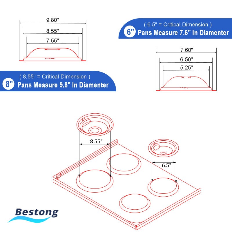 Bestong Chrome Range Drip Pans compatible with GE, Hotpoint and Kenmore Electric Stove - Replacement for WB31T10010, WB31T10011 (4 Pack, 2pcs 6" and 2pcs 8") - Image 5