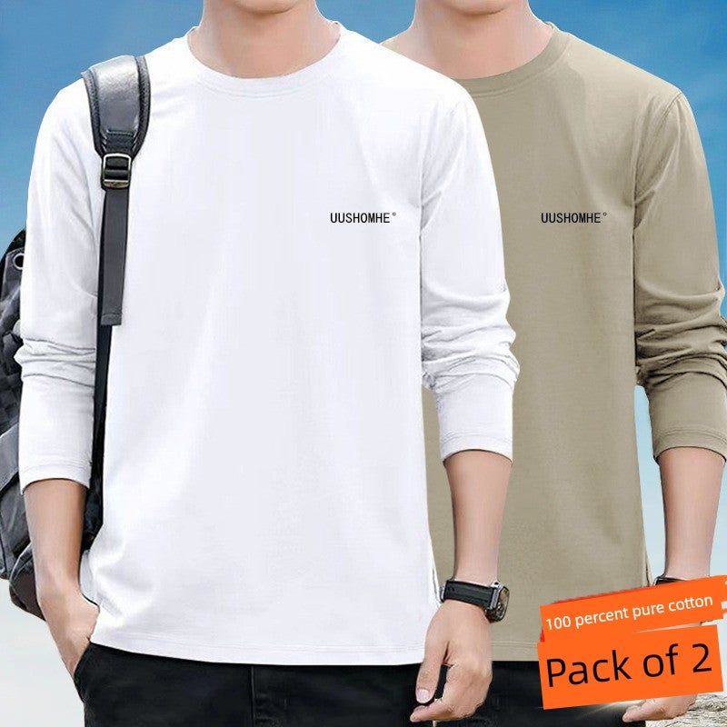 100% pure cotton long-sleeved men's spring and autumn thin casual sports versatile trendy plus-size top cotton round-neck base shirt - Image 3
