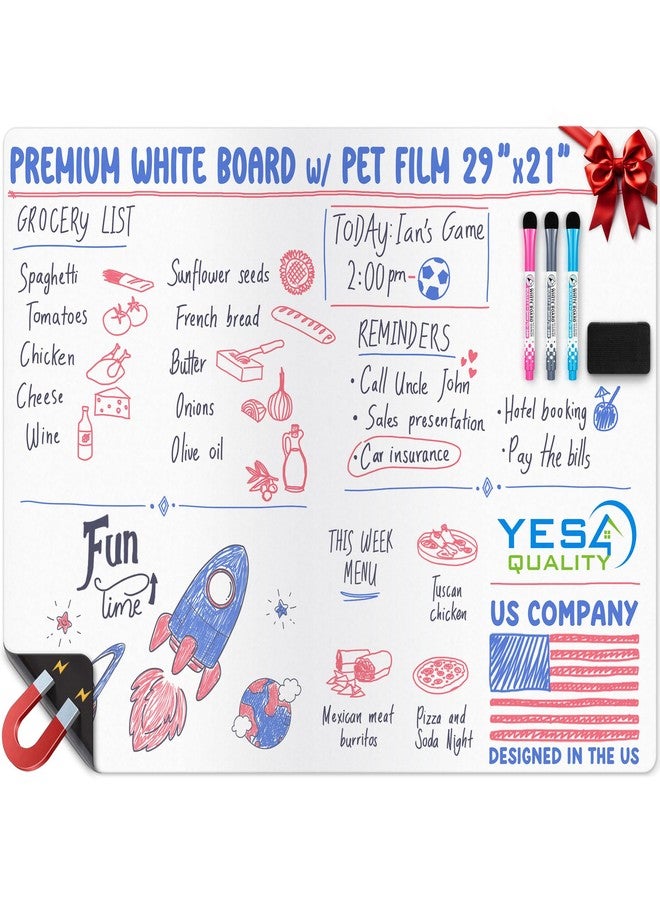 YES4QUALITY Extra Large Magnetic Dry Erase White Board Sheet for Fridge - 29x21 - Stain Resistant Technology with 3 Markers & Big Eraser with Magnet - Refrigerator Whiteboard Planner Organizer - by Yes4Quality - Image 1