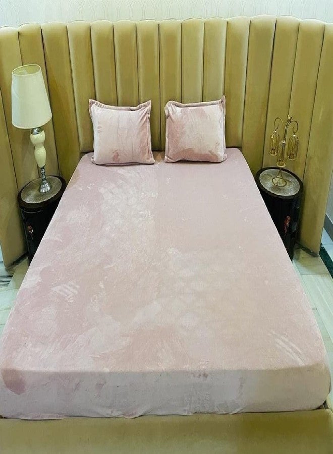 Laying Style™Elastic Fitted Heavy Warm bedsheets King Size, King Size Warm bedsheets for Winter with Elastic and 2 Pillow Covers (Pink, Pack of 1) - Image 1