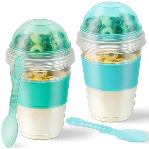 Freshmage Yogurt Parfait Cups with Lids, 2 Pack 20 oz Reusable Overnight Oats Containers with Lids, Topping Compartment & Spoon to Go for Breakfast Meal Prep, Portable & Lightweight (Blue&Green) - Image 1