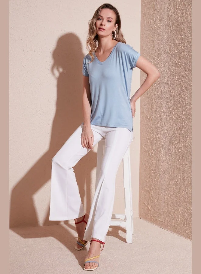 ليلا بلوزة ليلا بياقة على شكل حرف  وقصة مريحة بفتحة للنساء