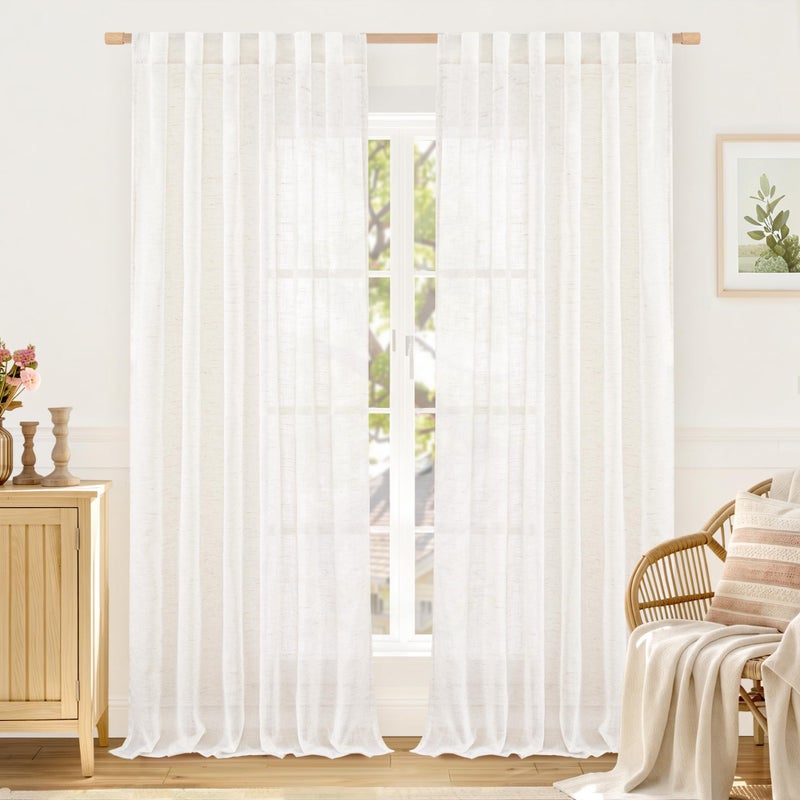 LAMIT Natural Linen Semi Sheer Curtains 84 Inches Long 2 Panels, Living Room Linen Textured Light Filtering Drapes Back Tab and Rod Pocket Neutral Window Panels for Bedroom/Sliding Door, 52 x 84 Inch - Image 1