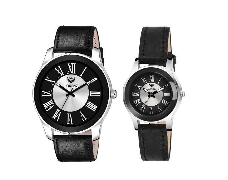 LORENZ Combo Of Two Tone Dial Analog Couple Watch, Black Leather For Men & Women's | Am-11A - Image 1