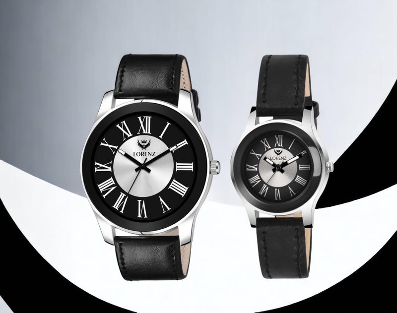 LORENZ Combo Of Two Tone Dial Analog Couple Watch, Black Leather For Men & Women's | Am-11A - Image 2