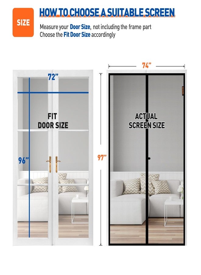 MAGZO Magnetic Screen Door Fit Door Size 72 x 96 Inch, Screen Size 74" x 97" Strong Magnet French Style Mesh, Heavy Duty Fiberglass Mesh with Hook & Loop for Sliding Entrance, Gray - Image 2