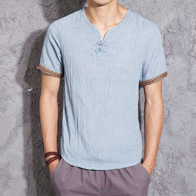Chinese Style Men'S Cotton And Linen T-Shirt Summer Loose Hanfu Short-Sleeved Antique Top Chinese Style Retro Linen T-Shirt - Image 1