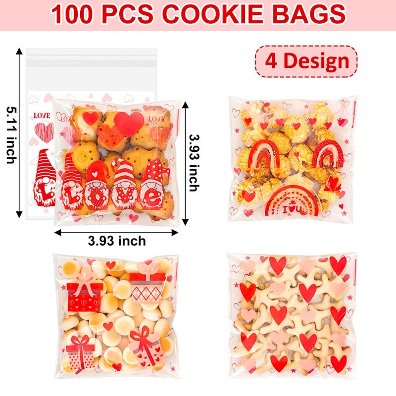 ZYLOP Valentines Self-Sealing Cookie Bags - 4x4 Inch 100 Pcs Plastic Red Valentines Cellophane Treat Bags for Candy Gifts Snack, Clear Valentines Goodie Bags for Classroom Exchange, Party Favors - 2.8 Mil - Image 2