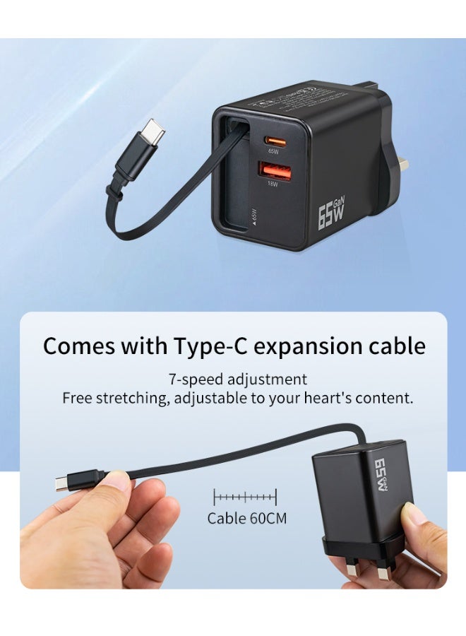 أم أم جاي شاحن سريع 65 وات من النوع C مع كابل USB قابل للسحب، محول كمبيوتر محمول من 3 منافذ GaN - Image 3