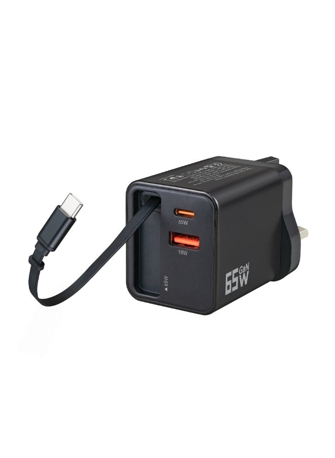 أم أم جاي شاحن سريع 65 وات من النوع C مع كابل USB قابل للسحب، محول كمبيوتر محمول من 3 منافذ GaN - Image 1