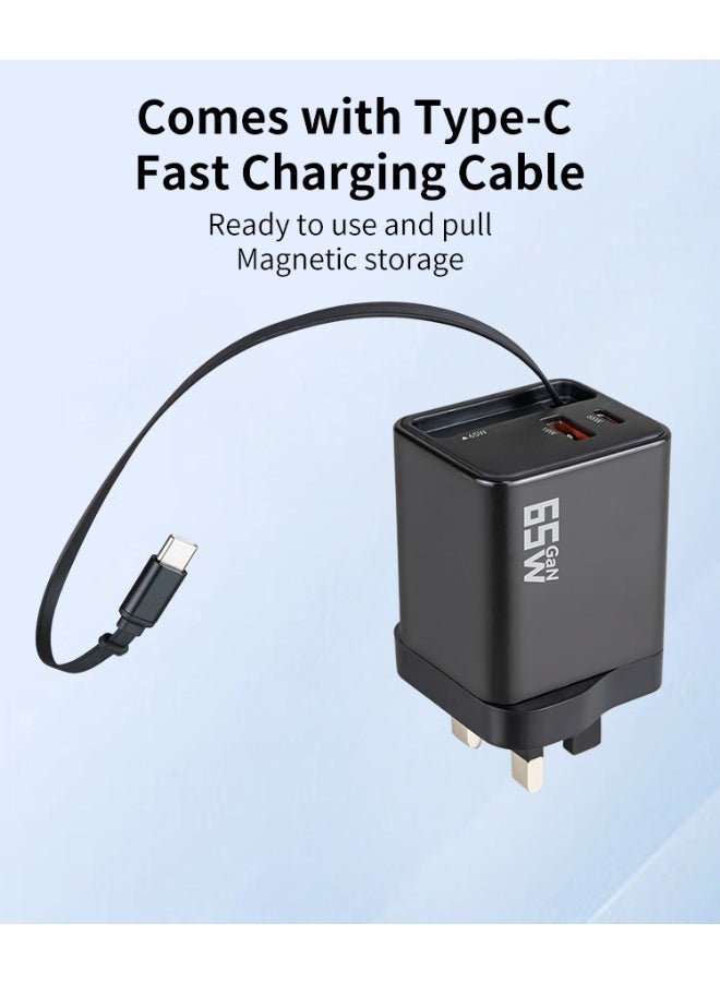 أم أم جاي شاحن سريع 65 وات من النوع C مع كابل USB قابل للسحب، محول كمبيوتر محمول من 3 منافذ GaN - Image 4