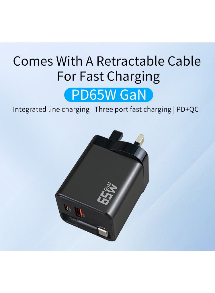 أم أم جاي شاحن سريع 65 وات من النوع C مع كابل USB قابل للسحب، محول كمبيوتر محمول من 3 منافذ GaN - Image 2