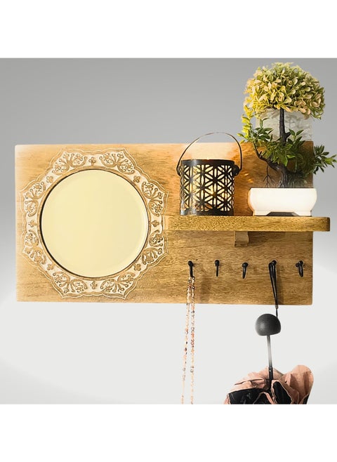 Wall Hooks Entryway Key Organizer Decorative Holder For Kitchen Hanger And Key Storage - Rustic Wooden Shelf With Mirror Round Design For Organizing Keys, Key Chains, And Accessories