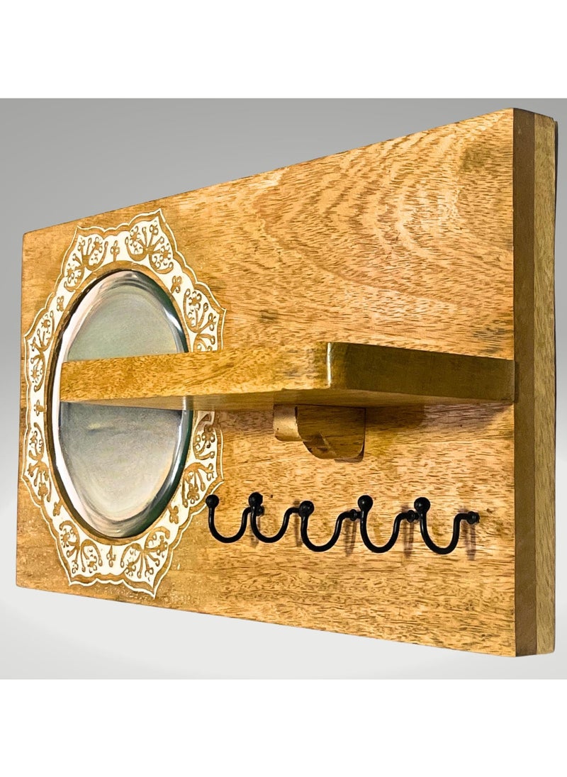 Souq DESIGNS - Wall Hooks Entryway Key Organizer Decorative Holder For Kitchen Hanger And Key Storage - Rustic Wooden Shelf With Mirror Round Design For Organizing Keys, Key Chains, And Accessories - Image 1