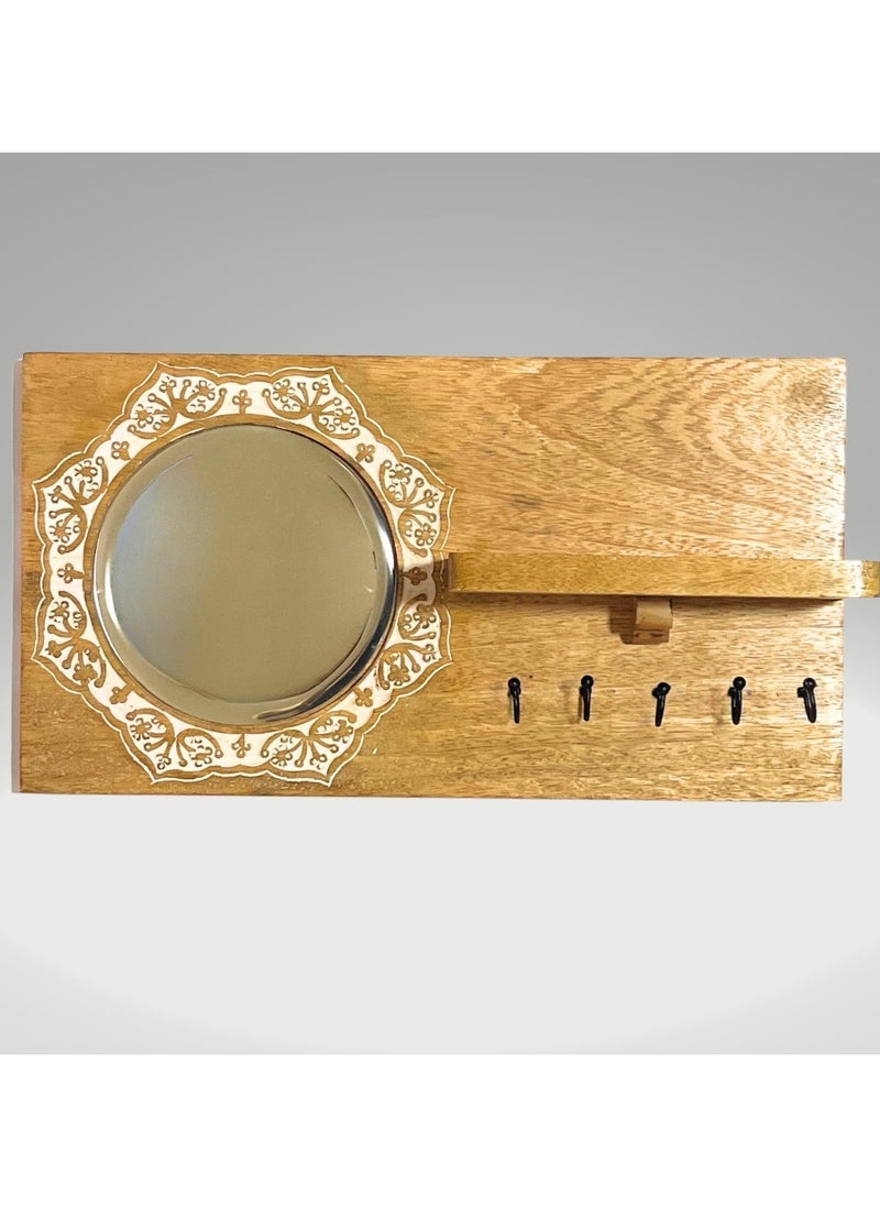 Souq DESIGNS - Wall Hooks Entryway Key Organizer Decorative Holder For Kitchen Hanger And Key Storage - Rustic Wooden Shelf With Mirror Round Design For Organizing Keys, Key Chains, And Accessories - Image 1