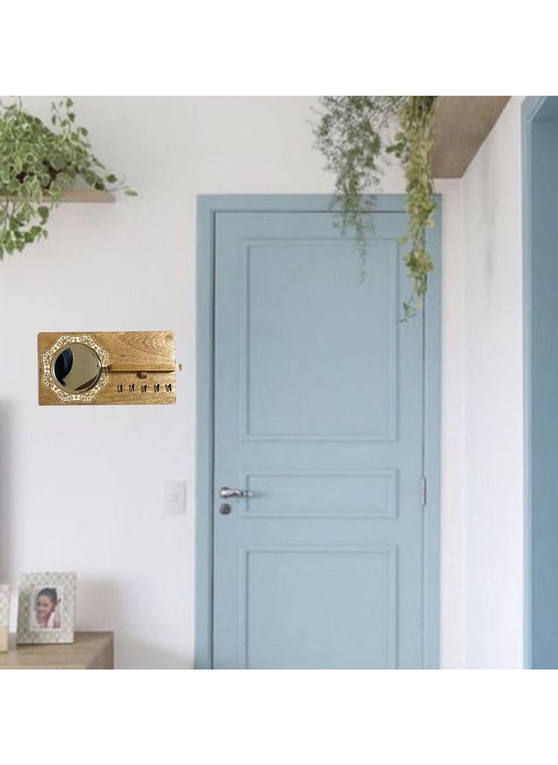 Souq DESIGNS - Wall Hooks Entryway Key Organizer Decorative Holder For Kitchen Hanger And Key Storage - Rustic Wooden Shelf With Mirror Round Design For Organizing Keys, Key Chains, And Accessories - Image 1