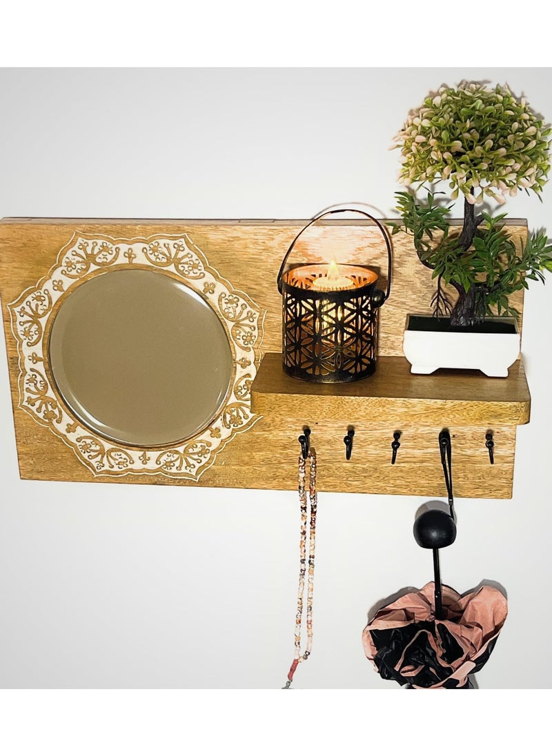 Souq DESIGNS - Wall Hooks Entryway Key Organizer Decorative Holder For Kitchen Hanger And Key Storage - Rustic Wooden Shelf With Mirror Round Design For Organizing Keys, Key Chains, And Accessories - Image 1