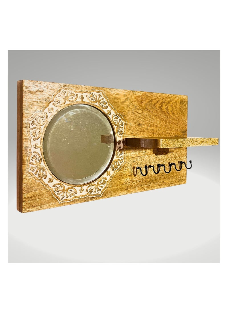 Souq DESIGNS - Wall Hooks Entryway Key Organizer Decorative Holder For Kitchen Hanger And Key Storage - Rustic Wooden Shelf With Mirror Round Design For Organizing Keys, Key Chains, And Accessories - Image 1