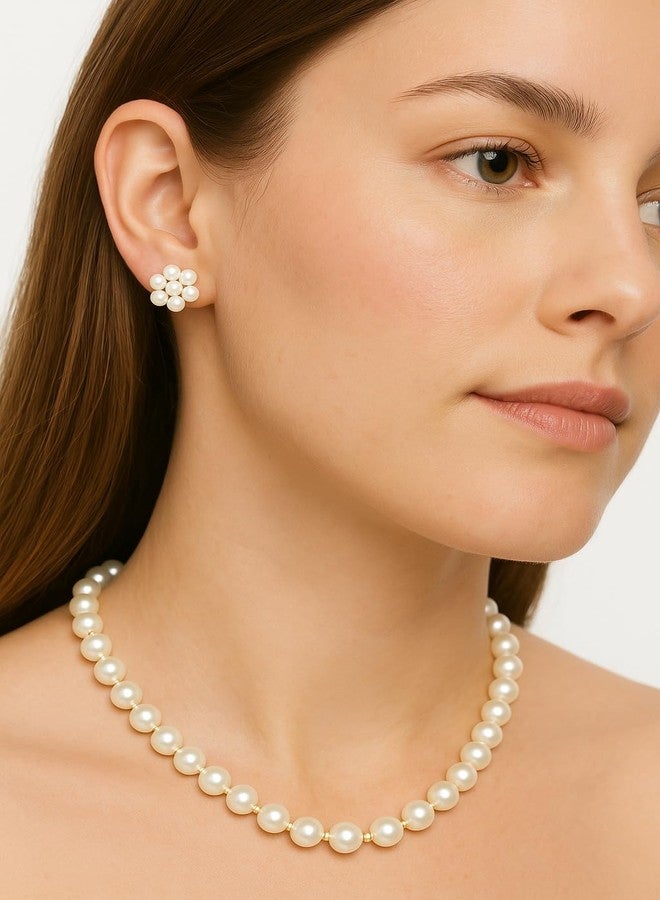 Cart Log طقم عقد وأقراط من اللؤلؤ الأبيض الكلاسيكي للنساء من كارت لوغ | عقد تشوكر كلاسيكي دائري من اللؤلؤ الصناعي | عقد تشوكر من اللؤلؤ للفتيات والسيدات | مجوهرات للعرائس والحفلات والارتداء اليومي - Image 2