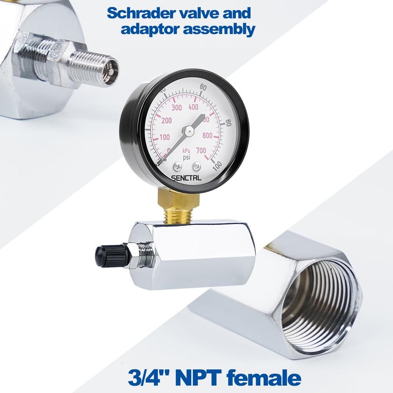 SENCTRL 0-100 Psi Gas Pressure Test Gauge, 2" Dial Size, 3/4" FNPT Connection, Brass Valve, Chrome Plated Steel Body Assembly - Image 3