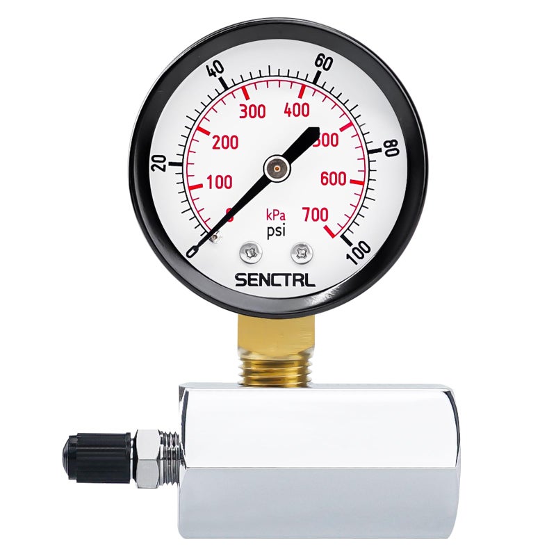 SENCTRL 0-100 Psi Gas Pressure Test Gauge, 2" Dial Size, 3/4" FNPT Connection, Brass Valve, Chrome Plated Steel Body Assembly - Image 1