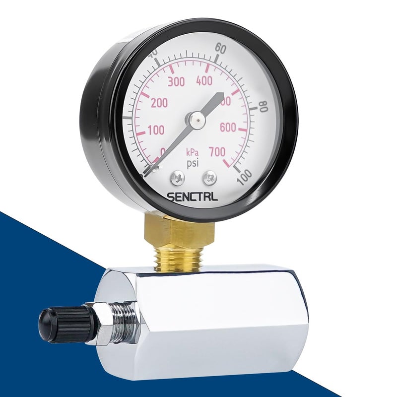 SENCTRL 0-100 Psi Gas Pressure Test Gauge, 2" Dial Size, 3/4" FNPT Connection, Brass Valve, Chrome Plated Steel Body Assembly - Image 5