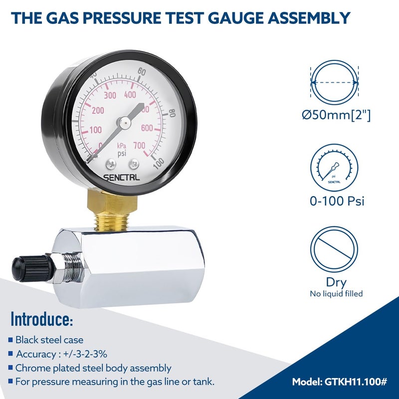 SENCTRL 0-100 Psi Gas Pressure Test Gauge, 2" Dial Size, 3/4" FNPT Connection, Brass Valve, Chrome Plated Steel Body Assembly - Image 2