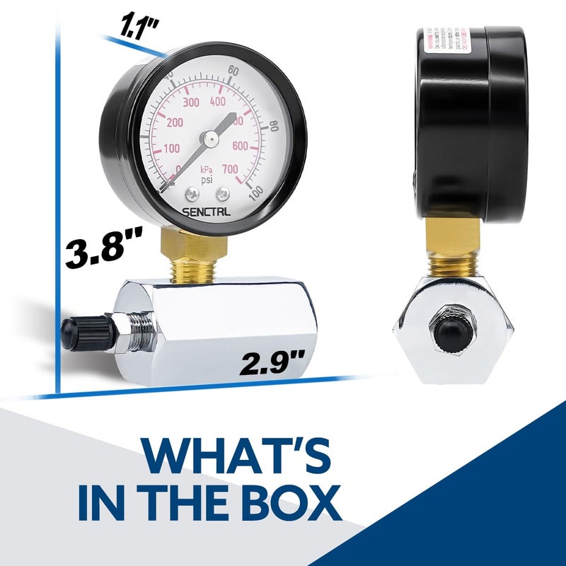 SENCTRL 0-100 Psi Gas Pressure Test Gauge, 2" Dial Size, 3/4" FNPT Connection, Brass Valve, Chrome Plated Steel Body Assembly - Image 4