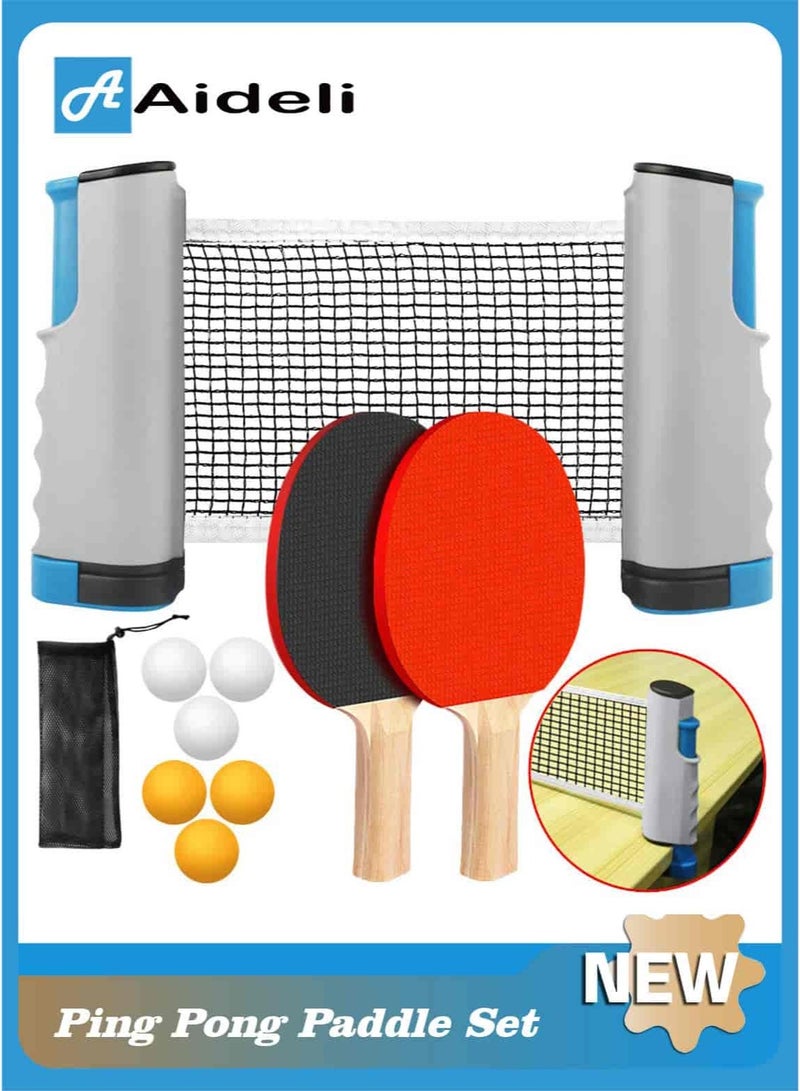Aideli Ping Pong Paddle Set with Retractable Net, Portable Table Tennis Set with 2 Rackets, 6 Balls and Carry Bag for Children & Adults, Indoor Outdoor Games - Image 1