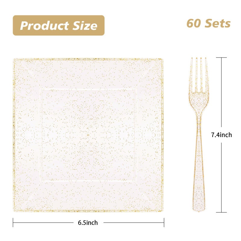 Goodluck 120PCS 6.5"Square Gold Glitter Dessert Plastic Plates with 7.4"Forks, Gold Appetizer Plates for 60 Guests, Including 60 Disposable Cake Plastic Plates and 60 Forks for Wedding/Birthday Party - Image 4
